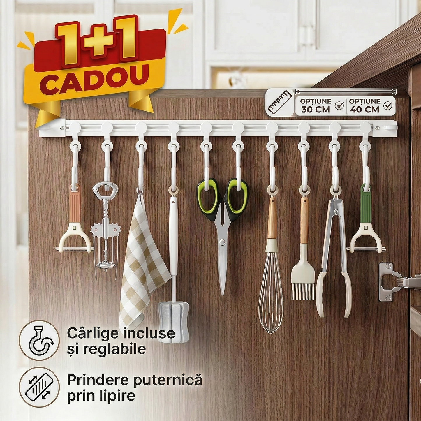 🎁 1+1 Cadou - Suport cu Cârlige Glisante Autoadeziv –  (30CM / 40CM)
