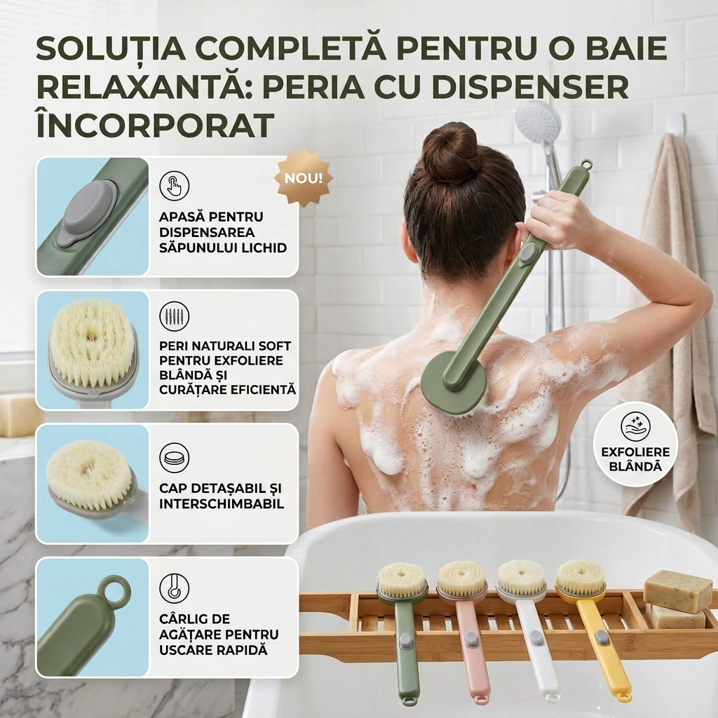 Perie de Duș cu Dozator și Mâner Lung 2 în 1 – Curățare & Masaj